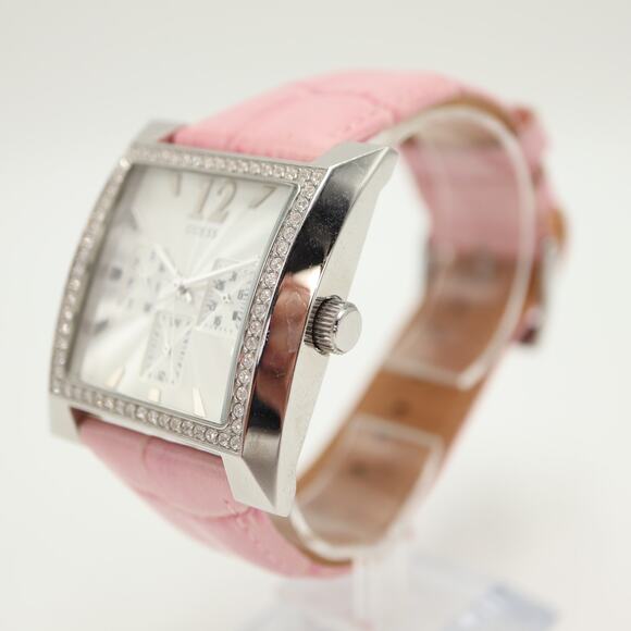 Guess X Elle Silver Tone Square Date Date 28mm Watch Y2K Gem Bezel Pink Leather - Picture 10 of 16